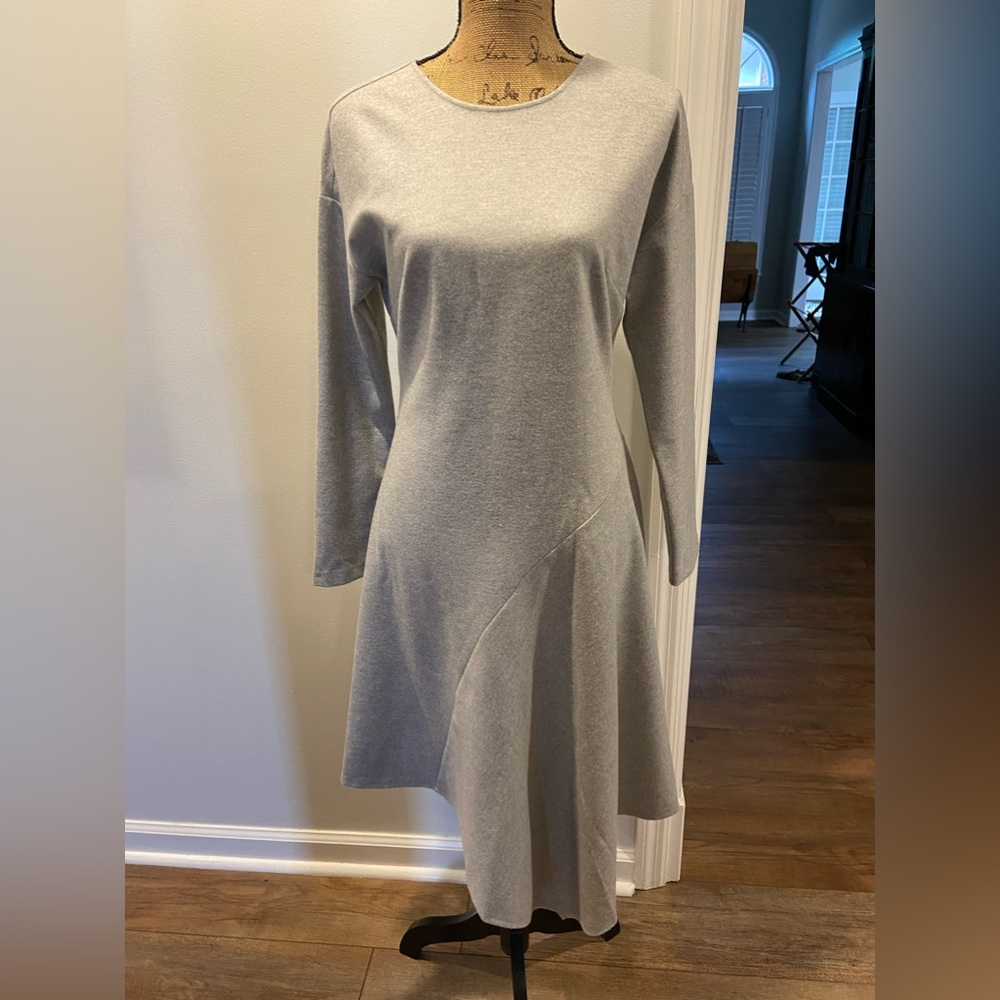 Natori A line asymmetric knit dress in light grey.